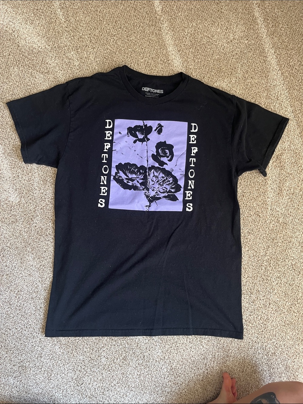 Hot Topic Black Tee with Purple Floral Deftones Graphic